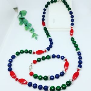 Lapis Lazuli, Malachite and Coral Necklace and bracelet set 😍
